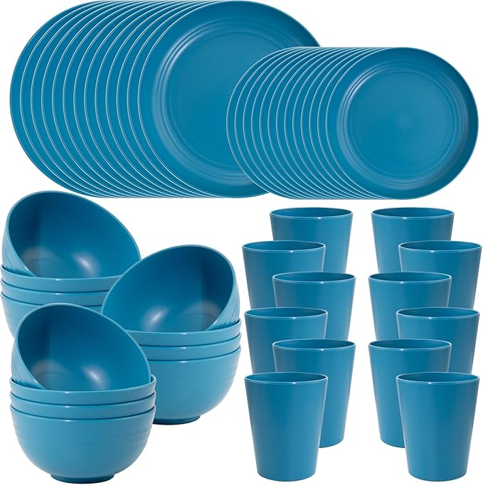 LIYH 48 Pcs Blue Plastic Wheat Straw Dinnerware, Plates and Bowls Set, Camping Dish Set for 12, Dishwasher Safe Dinnerware Sets, Unbreakable Plastic, Camper Dish Sets