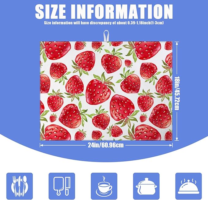 Strawberry Dish Drying Mat for Kitchen Counter Drying Pad Absorbent Reversible Dish Drainer Rack Mats Draining Pad 18"x24"Inch