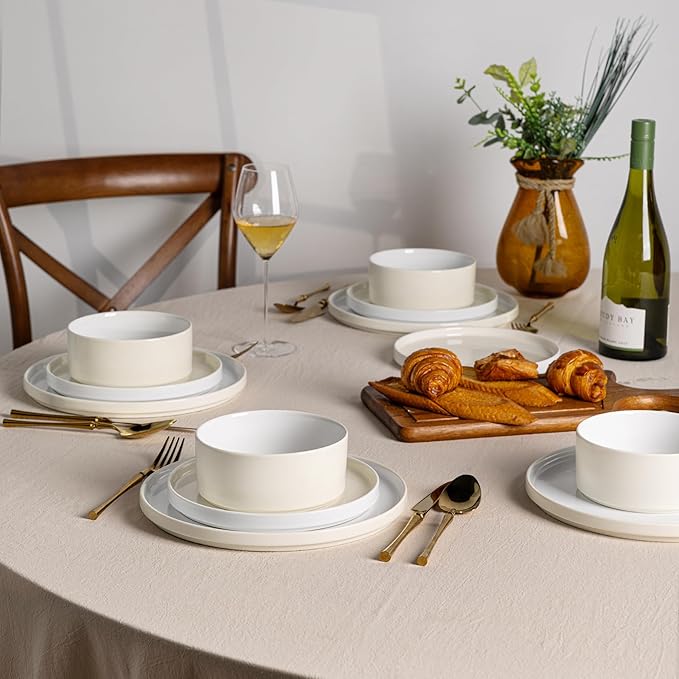 AmorArc Ceramic Dinnerware Sets for 4, Modern Stoneware Plates and Bowls Sets,Chip and Crack Resistant | Dishwasher & Microwave Safe Ceramic Dishes Set,Service for 4 (12pc)-Cream