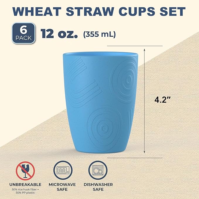 Wrova unbreakable wheat straw cups 12oz set of 6 with textured pattern anti slipping,alternative plastic drinkings cups suitable for hot and cold beverage,Yellow-Orange-Blue