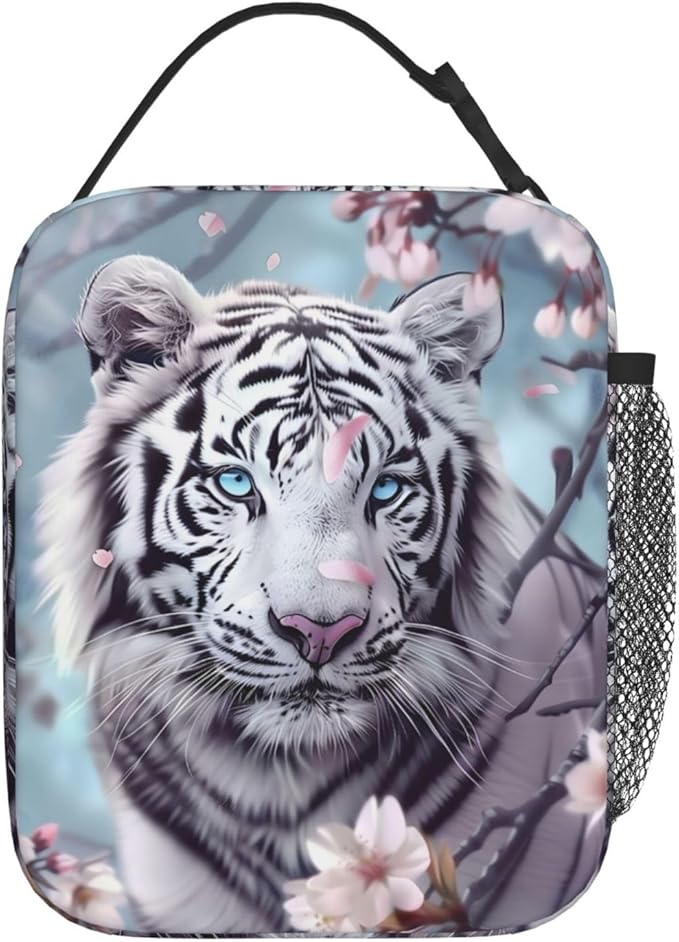 Reusable White Tiger Lunch Box for Kids, Insulated Cherry Blossom Bag,Polyester Cooler Animal Lovers Handbags Case for School Picnic Work Travel Beach or Hiking, Gifts
