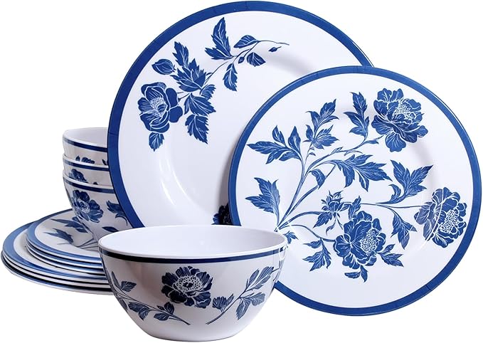 Melamine Dinnerware Set 12-Piece for 4 Dish Set Plates Bowls Unbreakable Dishware for Indoor Outdoor Use Lightweight Durable for Camping Picnics Parties Dark blue