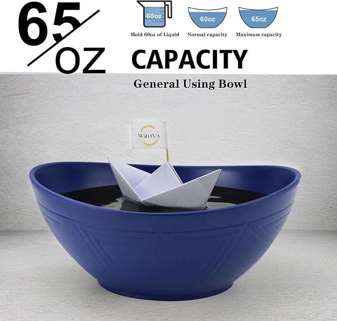 Wrova 65oz Large Salad Bowls Deep Blue - Wheat Straw Serving Bowls Set of 4 - Unbreakable Serving Bowls Dishware & Microwave Safe - BPA Free Bowl for kitchen,camping
