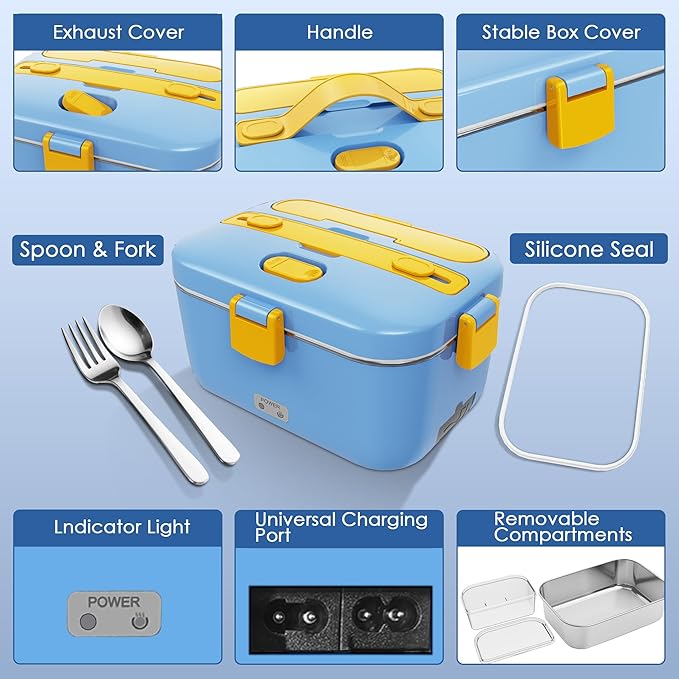 100W Heated Lunch Boxes for Adults 12V 24V 110V-230V Electric Lunch Box Food Heater for Car/Truck Portable Food Heating Boxes with 1.8L 304 SS Containe