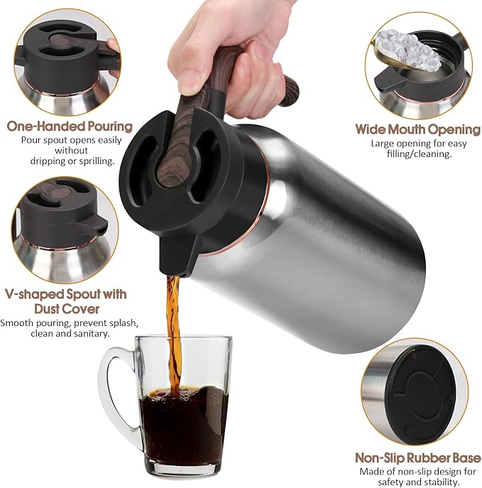 68oz Thermal Coffee Carafe, Stainless Steel Carafes for Hot Liquids 24 Hours, Insulated Coffee Carafes For Keeping Hot Coffee, Hot Water, Tea, Hot Beverage (Silver)