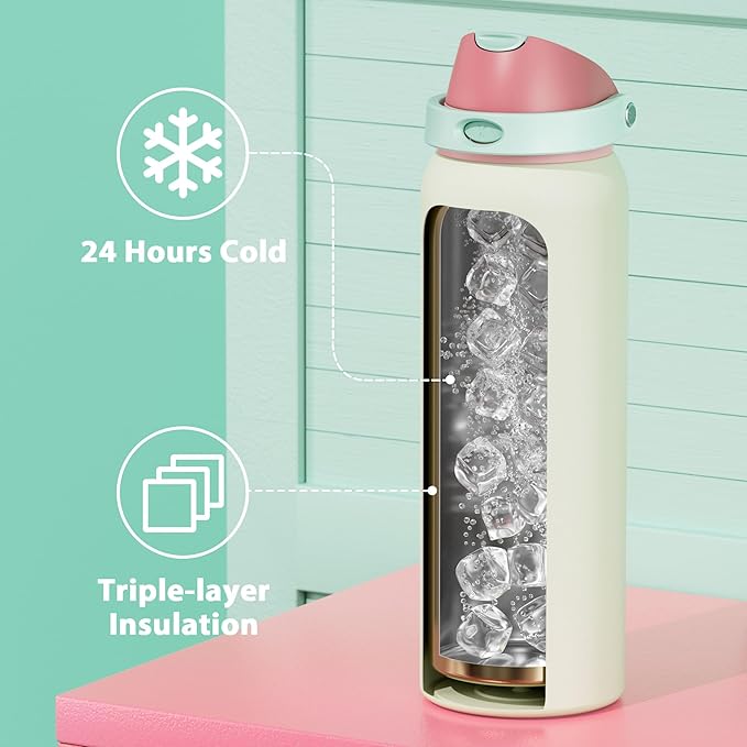 40 oz Insulated Water Bottle with Straw: Meoky Stainless Steel Metal Water Bottle with 2-in-1 Lid - Leak Proof, Cold for 24 Hours, Protective Silicone Base, BPA-Free for Sports Gym, Cream