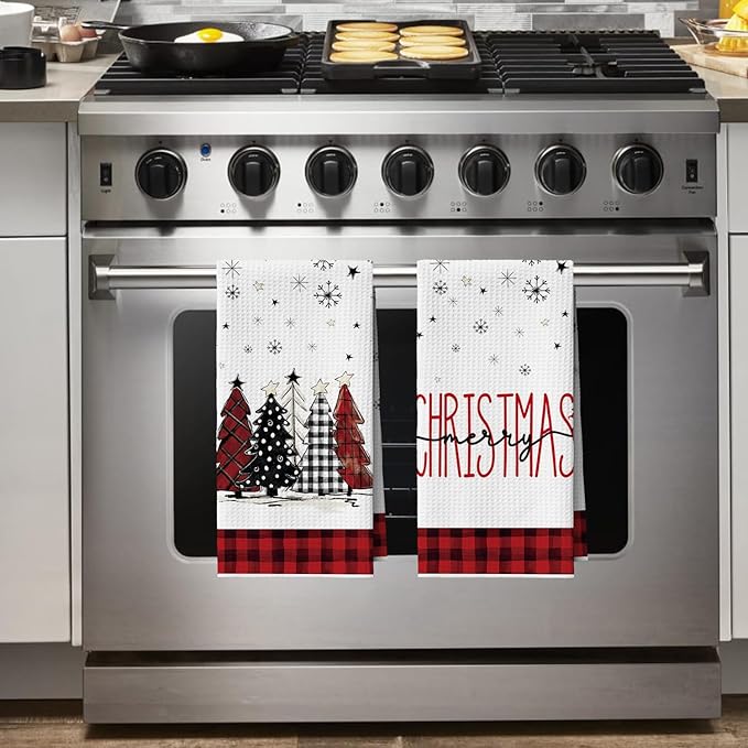 Artoid Mode Red Buffalo Plaid Xmas Tree Christmas Bar Kitchen Towels, 12x24 Inch Quick Dry Microfiber Cloth Dish Towels for Kitchen Drying Set of 2