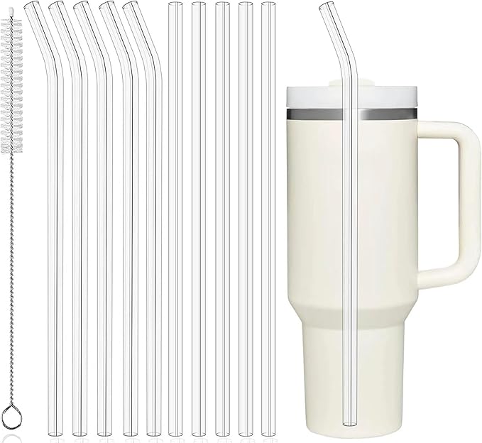 PROOCI 12" Reusable Straws for Stanley/Yeti 30oz-40oz Cup Tumbler, 10-Pack Long Plastic Straws with Cleaning Brush, Clear Bend Replacement Straw for Drinking Smoothie, Milkshake | Food Grade Tritan