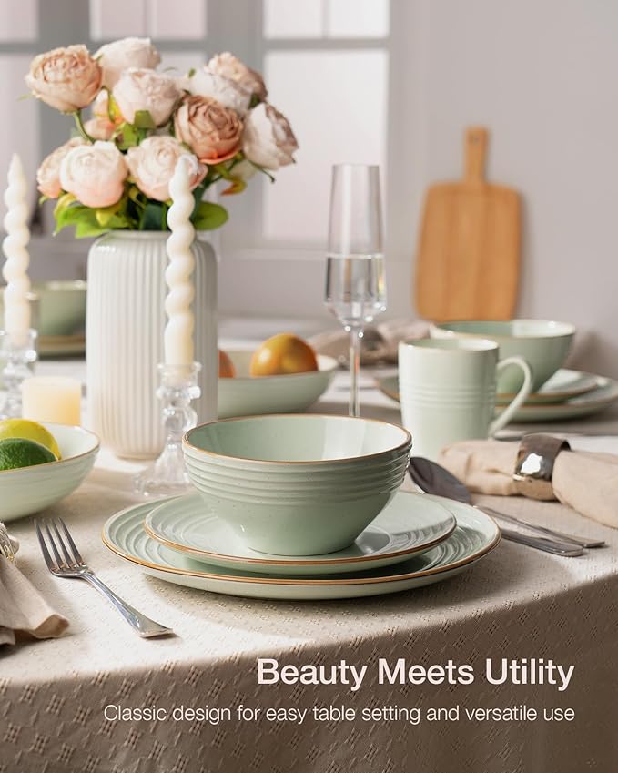 Famiware Jupiter Dinnerware Set, Plates and Bowls Dish Sets for 6 (18 Pieces), Microwave and Dishwasher Safe Stoneware Speckled Tableware, Chip and Scratch Resistant, Light Green