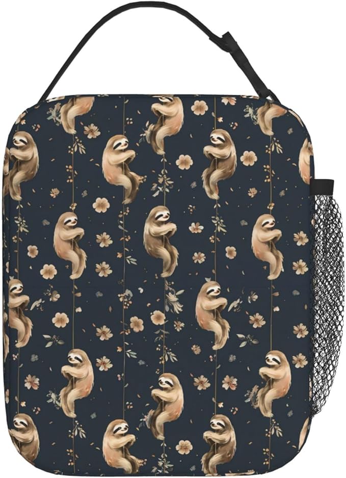Sloth Polyester Lunch Box for Kids Teen,Cute Reusable Thermal Lunch Bag for Adult Women,Dark Insulated Tote Cooler Bags for School,Work,Picnic,Travel,Playful Night Floral Theme