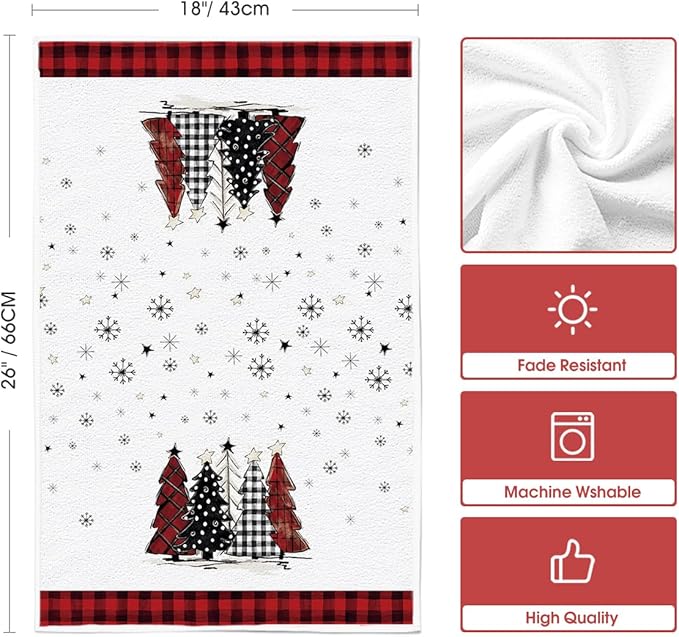 Artoid Mode Red Black Buffalo Plaid Snowman Xmas Trees Christmas Kitchen Towels Dish Towels, 18x26 Inch Daily Seasonal Winter Decoration Hand Towels Set of 4