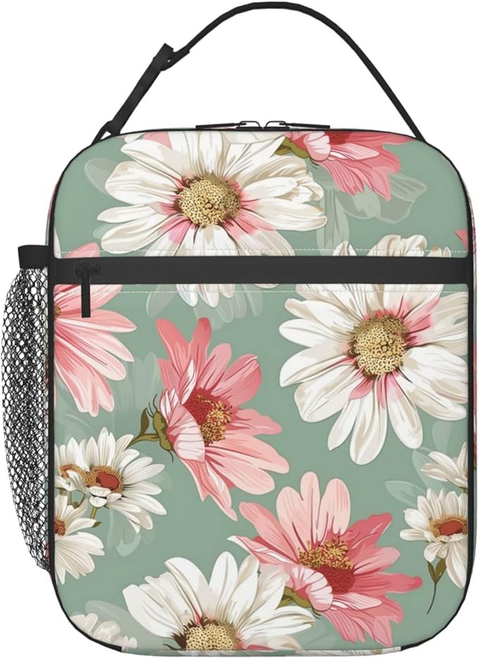 Reusable Daisy Lunch Box for Kids Girls Boys Women Adult, Insulated Pink and White Floral Lunch Bag,Polyester Cooler Flower Handbags Case for School Picnic Work Travel Beach or Hiking (Green)