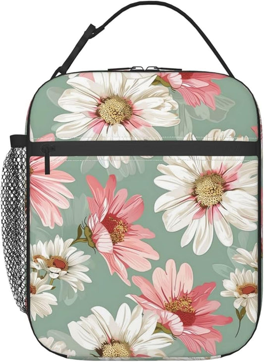Reusable Daisy Lunch Box for Kids Girls Boys Women Adult, Insulated Pink and White Floral Lunch Bag,Polyester Cooler Flower Handbags Case for School Picnic Work Travel Beach or Hiking (Green)