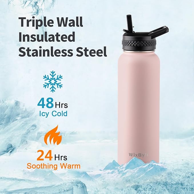40 oz Insulated Water Bottle with Straw (Cold for 48 Hrs), Stainless Steel Triple Wall Vacuum Sports Water Jug, Leakproof Hydro Cup Flask with Paracord Handle & Straw Spout Lids & DIY Stickers