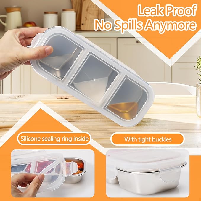 Stainless Steel Snack Containers with Lids, 2 Pack Grab and Go Metal Snack Containers, 3 Compartment Reusable Stainless Steel Snack Box for Food Lunch Meal Prep (3+2 Compartment 2 PCS)