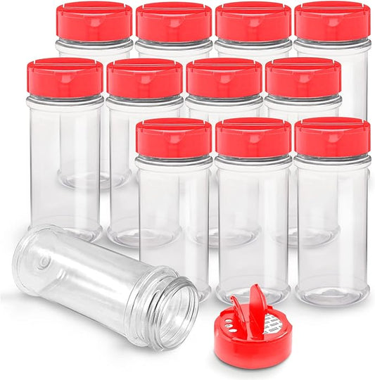 RoyalHouse 12 Pack 5.5 Oz Plastic Spice Jars with Red Cap, Clear and Safe Plastic Bottle Containers with Shaker Lids for Storing Spice, Herbs and Seasoning Powders, BPA Free, Made in USA