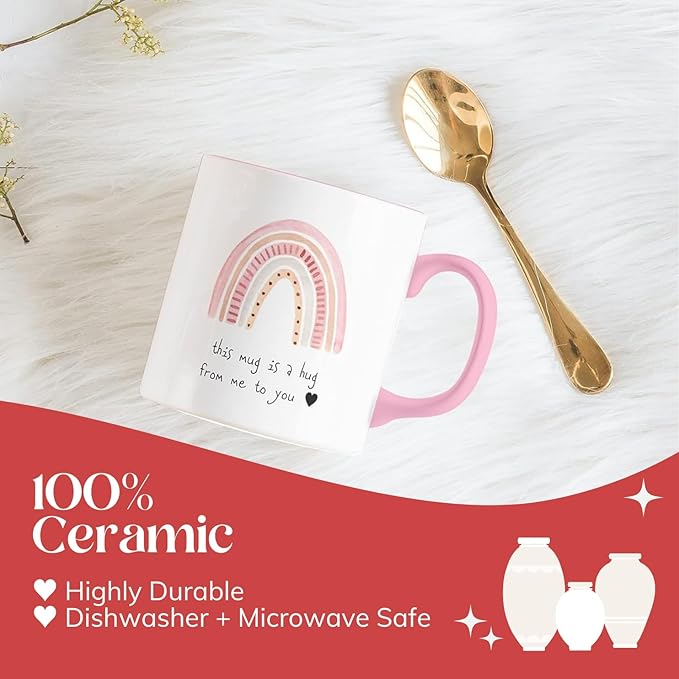 Unboxme Gifts Hug in a Mug – 12 oz Pink Coffee Mug with Heartfelt Quote – A Gift for Best Friend, Sister or Mom to Feel Your Love, Encouragement & Cheer from Afar