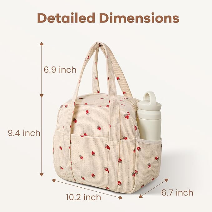 Yarnic Lunch Bag Women Men Insulated, Large Corduroy Lunch Box for Work with Bottle Pockets, Stylish Reusable Cooler Tote for Adults Teachers Picnic Hiking (Small Strawberry)
