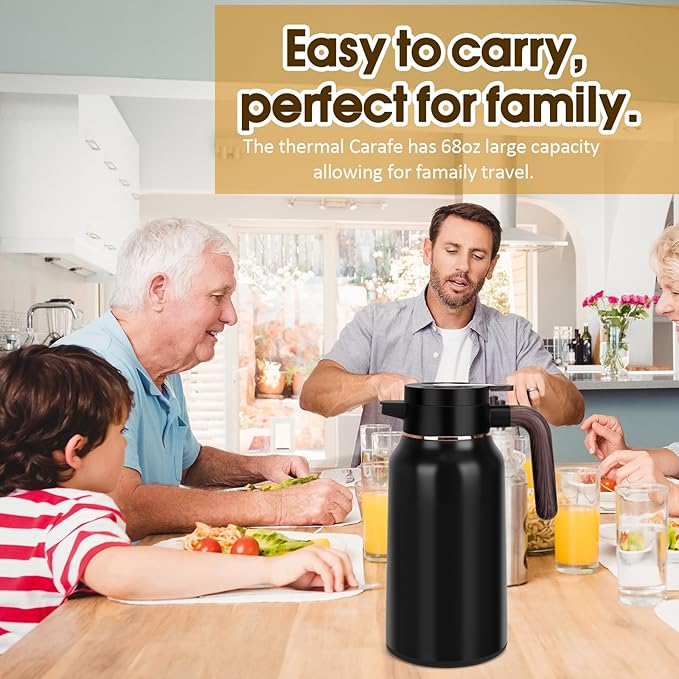 68oz Thermal Coffee Carafe, Stainless Steel Carafes for Hot Liquids 24 Hours, Insulated Coffee Carafes For Keeping Hot Coffee, Hot Water, Tea, Hot Beverage (Black)
