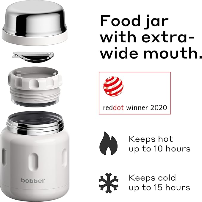 BOBBER 16 oz Insulated Stainless Steel Food Thermos for Hot Food, Extra-Wide Mouth Lunch Container for Adults with Spoon and Bowl, Dishwasher Safe - Keeps Meals Hot for 10 Hours (Grey)