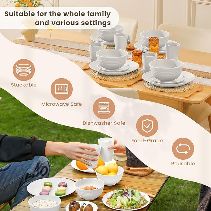 Homienly Wheat Straw Dinnerware Sets - 16 PCS Unbreakable Dinner Plates,Dessert Plates,Cereal Bowls,Drinking Cups,Dishes Sets for 4，Reusable Dishwasher & Microwave Safe for Kitchen - White