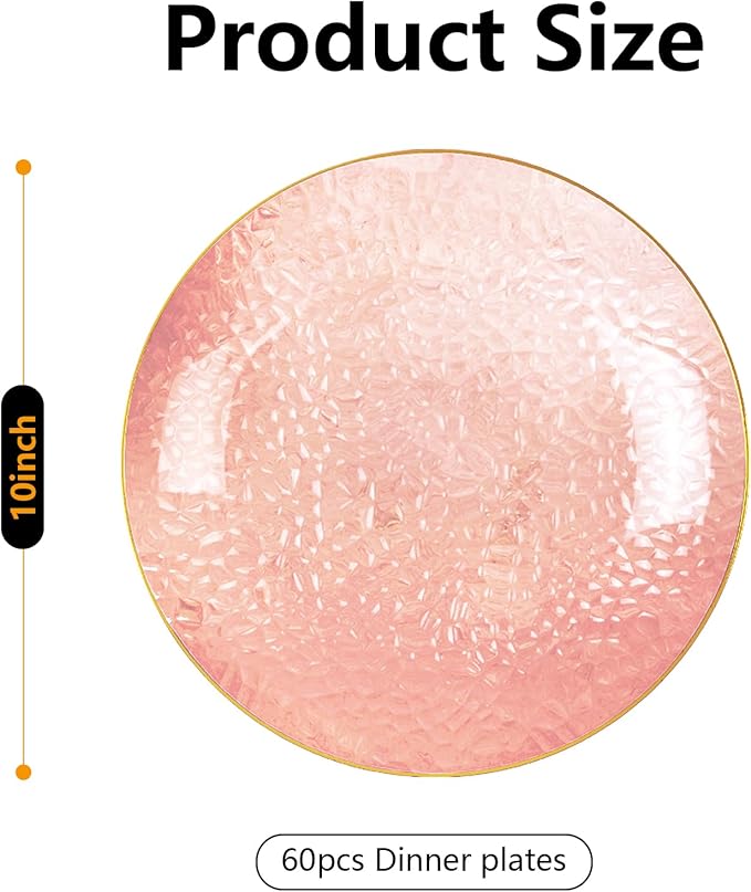 Rubtlamp 60 Pieces Pink Gold Plastic Plates - 10 inch Pink Plastic Dinner Plates - Hammer Pattern Design - Fancy Clear and Gold Disposable Plates Ideal for Mother's Day