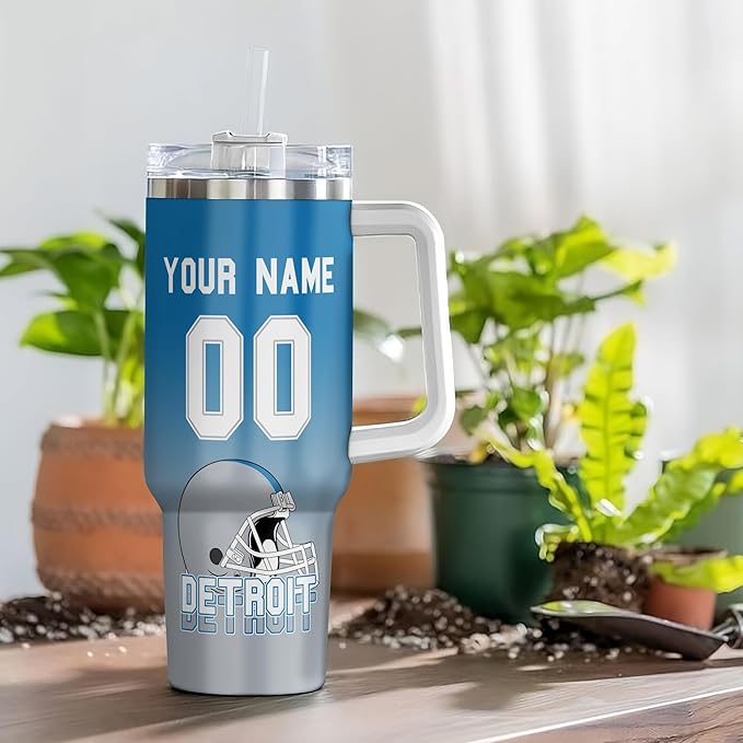 Personalized Football Tumbler with Handle & Straw, 40oz Stainless Steel Insulated Travel Mug, Name & Number Cup, Game Day Fan Gift (Detroit Colors)