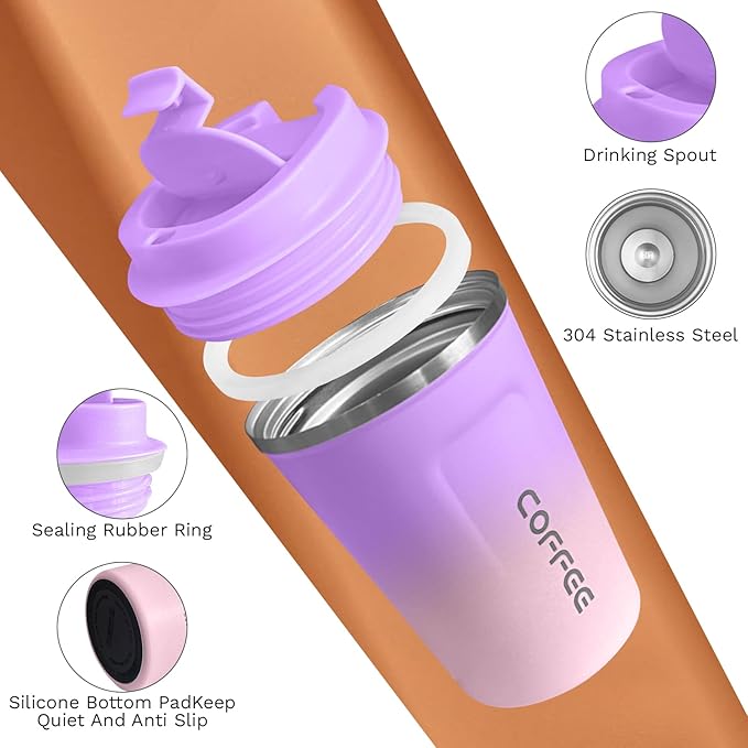 Stainless Steel Vacuum Insulated Travel Mugs - Leak-Proof Reusable Coffee Tumblers with Lids, Thermal Insulation for Hot & Cold Drinks (17oz, Purple Pink)