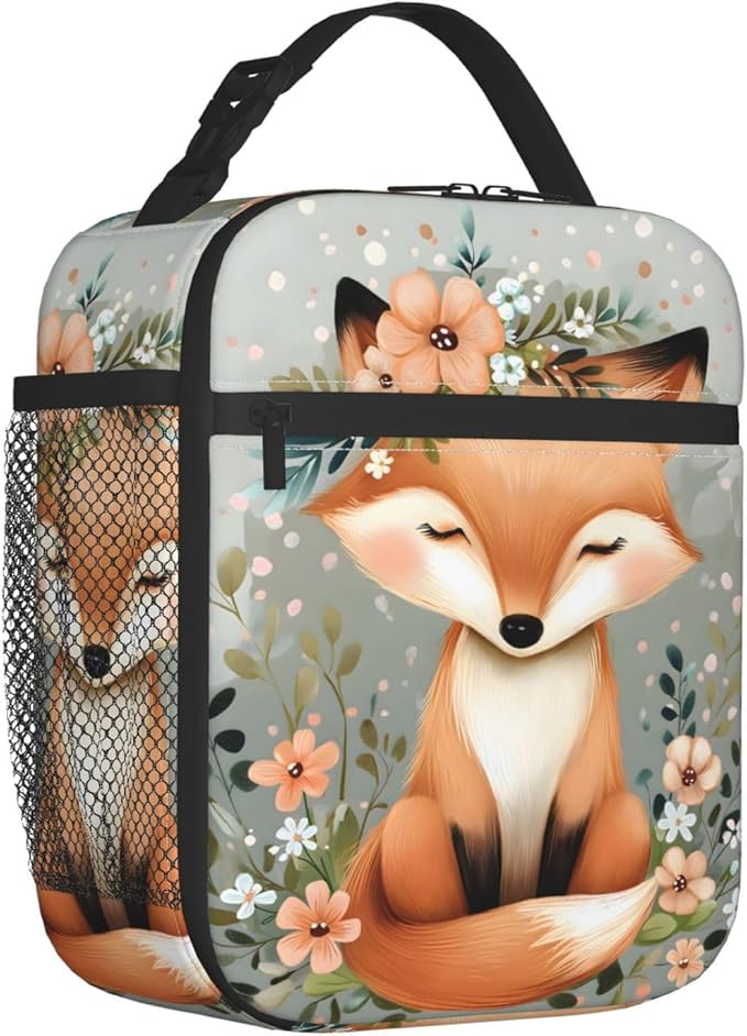 Reusable Cute Flower Fox Lunch Box for Kids, Insulated Floral Bag,Polyester Cooler Animal Lovers Handbags Case for School Picnic Work Travel Beach or Hiking, Gifts