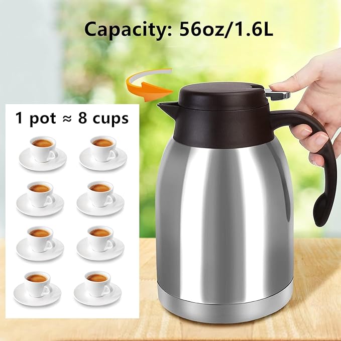 54oz Stainless Steel Thermal Coffee Carafe Dispenser, Unbreakable Double Wall Vacuum Flask 1.6L Water Tea Pot Beverage Pitcher for Cold Drinks in Summer(Classic Silver)