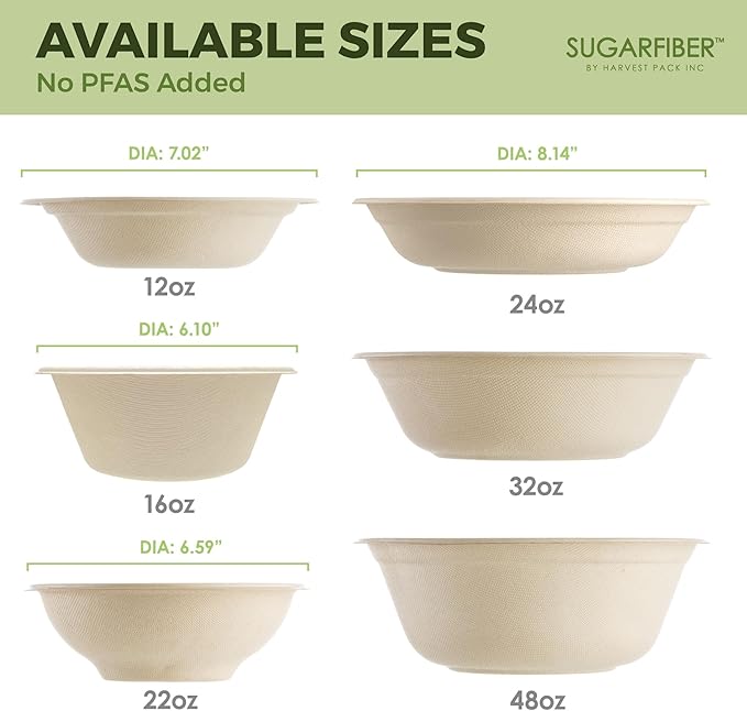 [500 COUNT]Harvest Pack PFAS FREE 32oz Round Paper Bowls with Flat Lids - Compostable Heavy-Duty Eco-Friendly Disposable Bagasse Bowl Sugarcane made plant fibers for Meal Prep