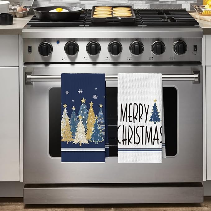 Artoid Mode Blue Star Xmas Tree Merry Christmas Kitchen Towels, 18x26 Inch Quick Dry Microfiber Cloth Dish Towels for Kitchen Drying Set of 2