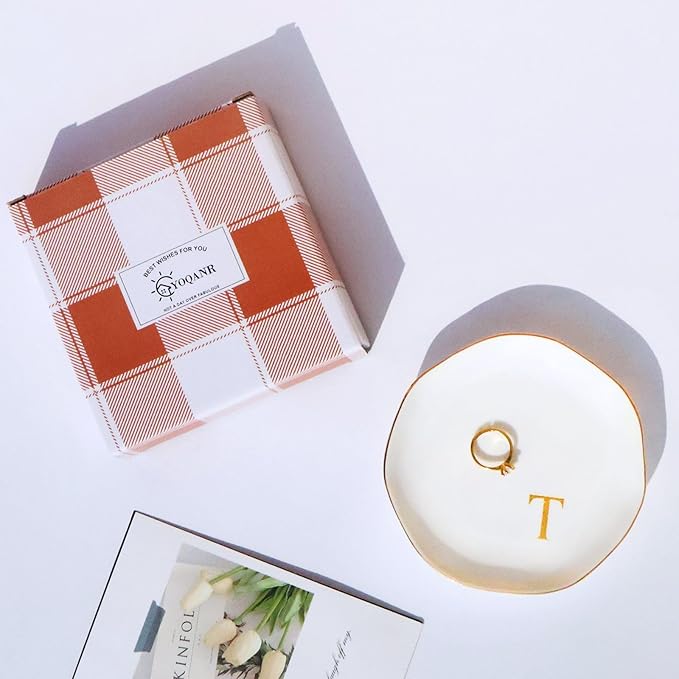 Ceramic Jewelry Tray Initial Ring Dish Personalized T-Monogrammed Engagement Wedding Gifts, for Birthday Mother's Day Christmas for Women, Ceramic White 4.75" (T)