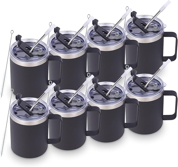 Volhoply 12oz Insulated Leakproof Coffee Mug with Flip & Straw Lid Bulk 8 Pack,Double Wall Vacuum Stainless Steel Travel Tumbler Cup with Handle,Reusable Camping Keep Cold/Hot(Black,8 Set)