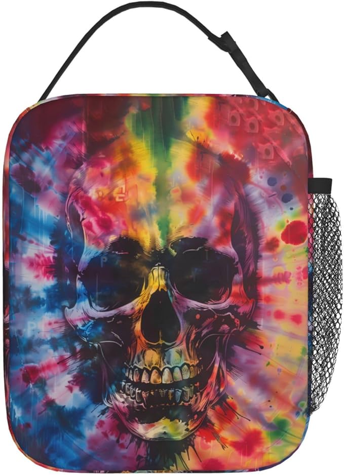 Reusable Tie Dye Lunch Box for Kids Girls Boys Women Adult, Insulated Skull Lunch Bag,Polyester Cooler Abstract Handbags Case for School Picnic Work Travel Beach or Hiking (Colorful)