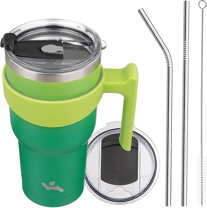 30 oz Tumbler with Handle and 2 Straw 2 Lid, Insulated Water Bottle Stainless Steel Vacuum Cup Reusable Travel Mug,Matcha Green