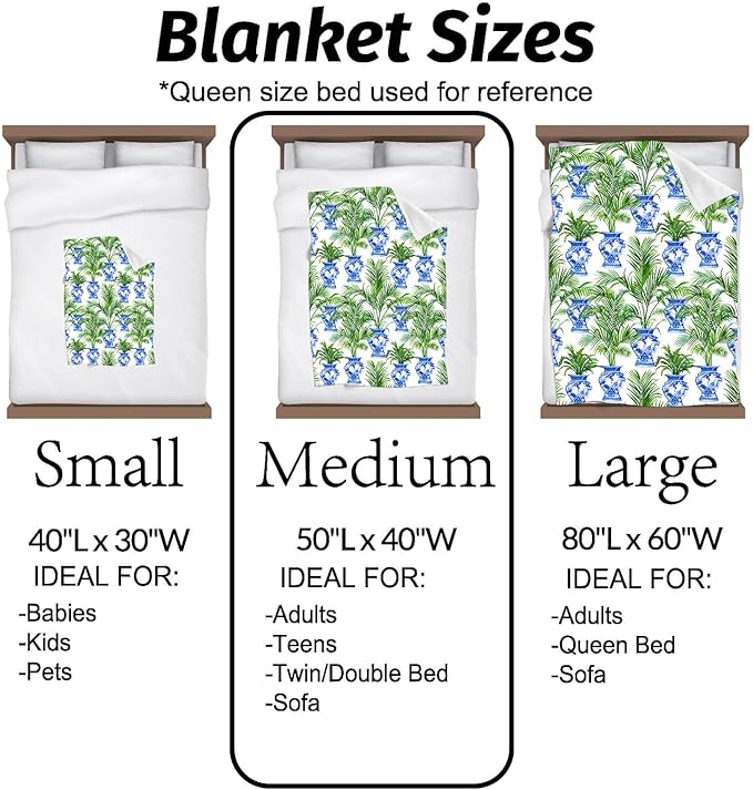Porcelain Vase and Palm Blanket Chinoiserie Throw Blankets with Blue Vases and Tropical Plant Lightweight Flannel Throws for Couch Chair Bed Home Decor Gifts for Adults,60x50inch