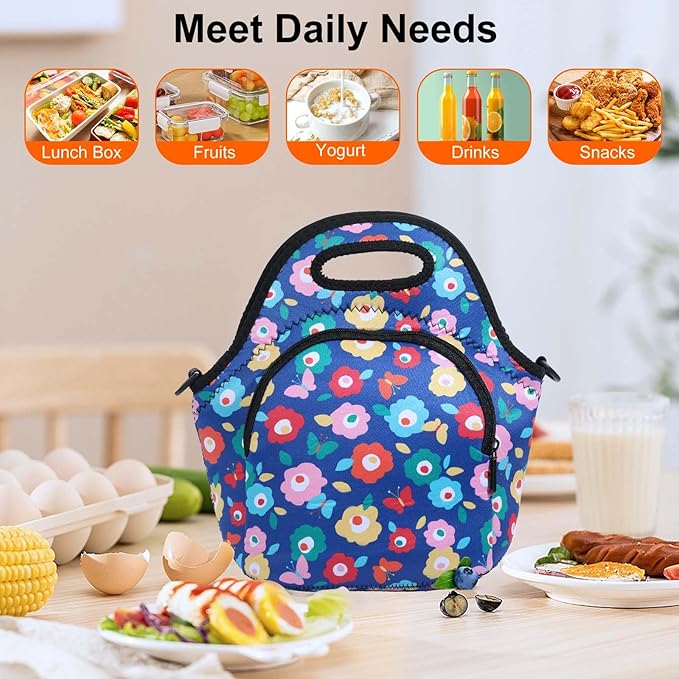 CILLA Neoprene Lunch Bag for Women Insulated Lunch Tote Bags Washable Lunch Container Box Picnic Lightweight Meal Prep Bags(Butterfly Wild flowers+)