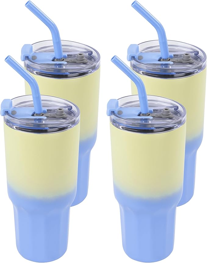 VEGOND 30 oz Insulated Stainless Steel Tumblers with lid and straw Bulk Pack Coffee Mug with Non-Slip Silicone Base, Sweat Proof Powder Coated Cup for Hot Cold Drinks, Blue and Green 4Pack