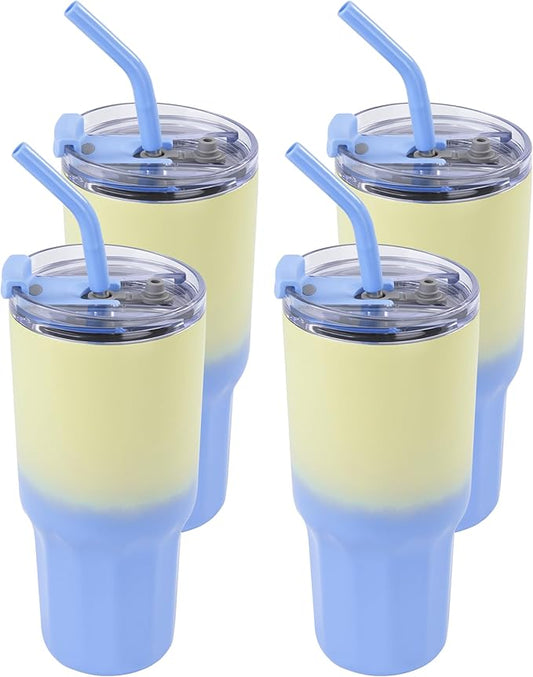 VEGOND 30 oz Insulated Stainless Steel Tumblers with lid and straw Bulk Pack Coffee Mug with Non-Slip Silicone Base, Sweat Proof Powder Coated Cup for Hot Cold Drinks, Blue and Green 4Pack