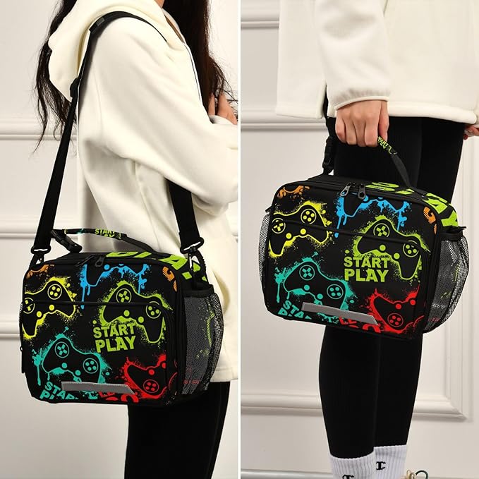 ALAZA Video Game Boys Lunch Box Kids Lunchbox Insulated Reusable Meal Container Lunchbag with Shoulder Strap