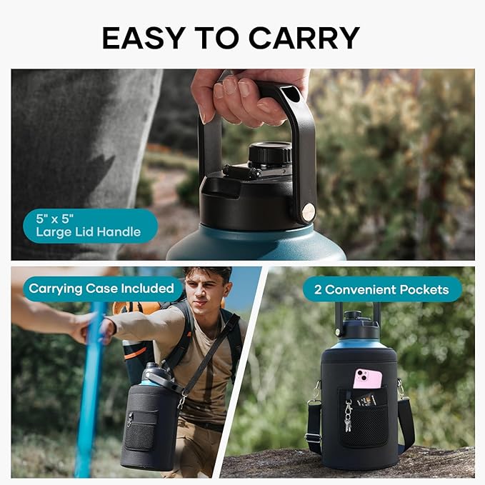 BUZIO 1.5 Gallon Water Bottle Insulated, (Cold for 48 Hrs) 196oz Large Water Jug Stainless Steel, 3.58in Big Wide Mouth Leak Proof Metal Flask with Carrying Sleeve for Camping,Gym,Travel,Indigo Crush