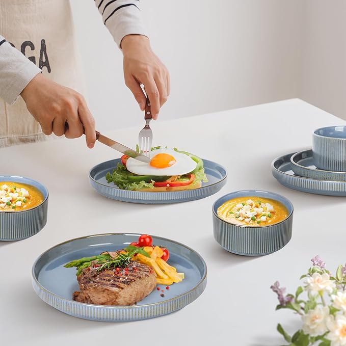 Romswi Dinnerware Set for 4, 16Pcs Stoneware Plates and Bowls Sets with Mugs, Chip & Scratch Resistant Dish Set, Handmade Reactive Glaze Plate Set, Oven, Microwave and Dishwasher Safe, Gray Blue