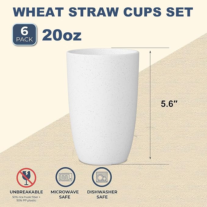 Wrova Wheat Straw Cups 6 Set of 6 Good Alternative to Plastic Reusable Cups 20 oz Unbreakable Drinking Cup Reusable Dishwasher Safe Water Plastic Glasses - White
