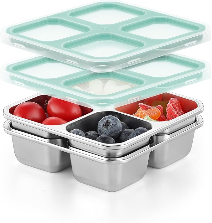 BEFOY 2 Pack Stainless Steel Snack Containers with Lids 4 Compartment Food Storage Containers for Adults Meal Prep Reusable for work or going out(blue, 2)