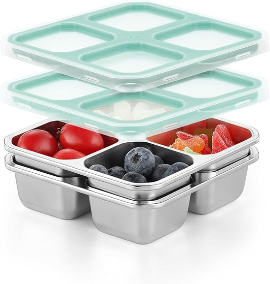 BEFOY 2 Pack Stainless Steel Snack Containers with Lids 4 Compartment Food Storage Containers for Adults Meal Prep Reusable for work or going out(blue, 2)