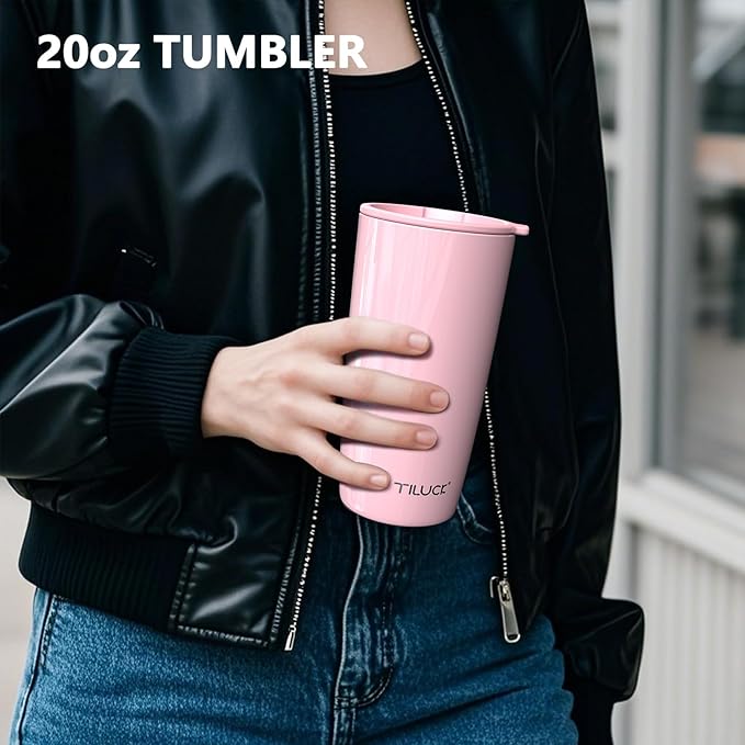 TILUCK 20 oz Tumbler with Leak-Proof Lid, Vacuum Insulated Stainless Steel Coffee Mug, Double-Walled Travel Tumbler for Hot and Cold Drinks(GlitterPink, 20oz)