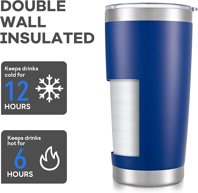 20 oz Tumbler with Lid Stainless Steel Insulated Tumblers Bulk Double Wall Vacuum Cups Powder Coated Travel Mug Keep Drinks Cold and Hot, Blue, 12 Pack