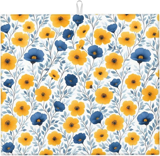 Blue Yellow Floral Dish Drying Mats for Kitchen Counter, 16" x 18" Absorbent Microfiber Drying Pad for Dishes, Decorative Kitchen Mat for Sink & Dining Area, Washable Foldable Reversible, Home Decor