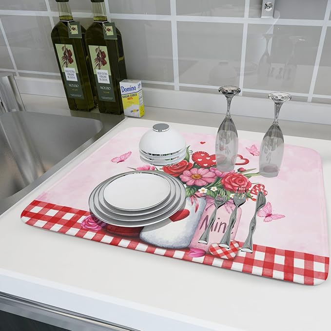 Rose Vase Dish Drying Mat 18x24 inch Romantic Floral Washable Absorbent Dish Dry Pad Fast Dry Drainer Rack Mats Kitchen Counter Accessories